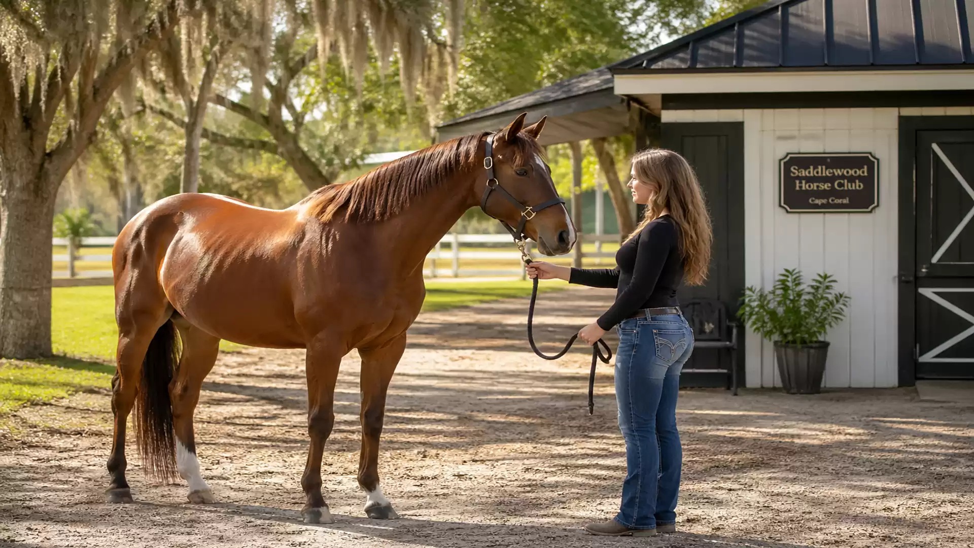 A woman stands with a brown horse in front of a stable building on a sunny day.