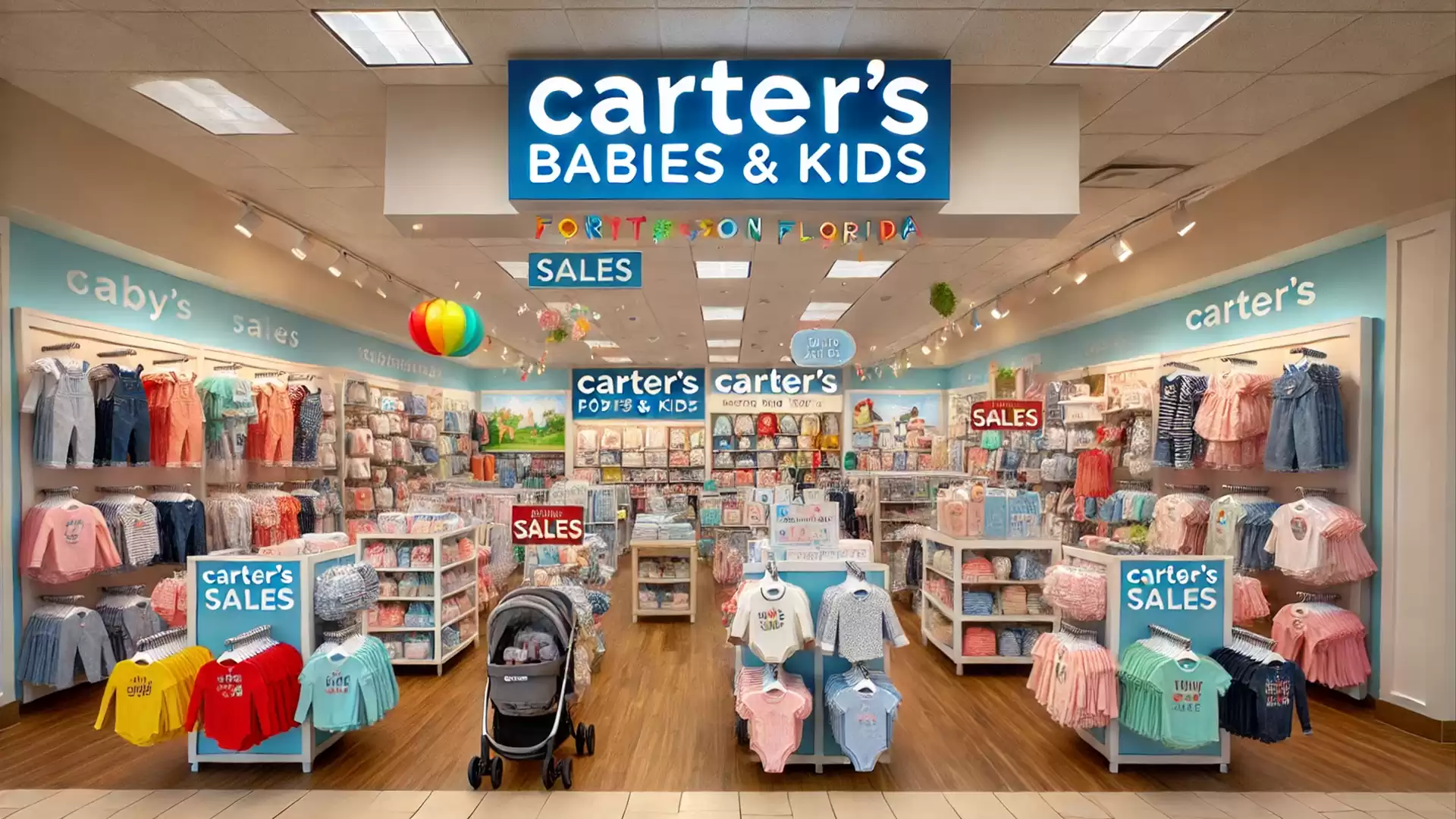 A children's clothing store named 'Carter's Babies & Kids', offering colorful clothes and accessories for babies and kids. The store is brightly lit with several sales stands offering discounts.