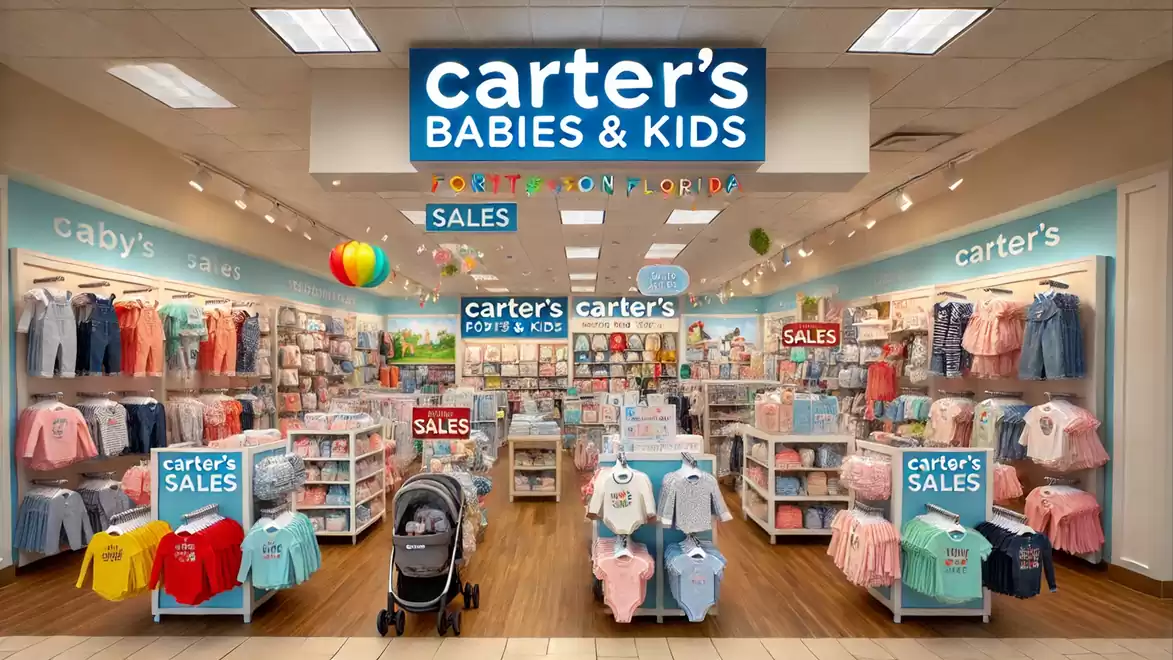 A children's clothing store named 'Carter's Babies & Kids', offering colorful clothes and accessories for babies and kids. The store is brightly lit with several sales stands offering discounts.