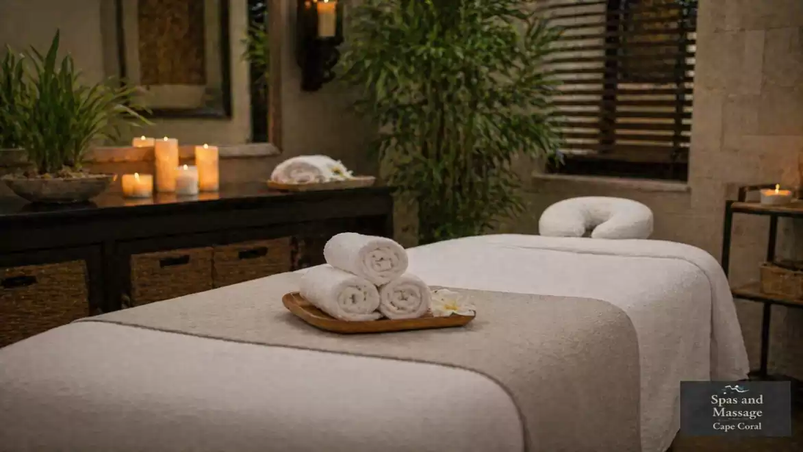 Cozy massage room with a table, surrounded by candles and plants, creating a relaxing atmosphere.
