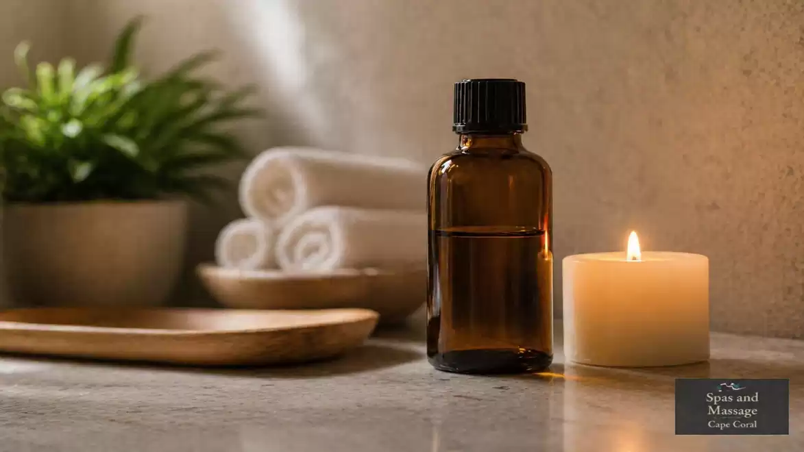 Tranquil spa scene with a brown glass bottle, lit candle, and rolled towels on a marble table.