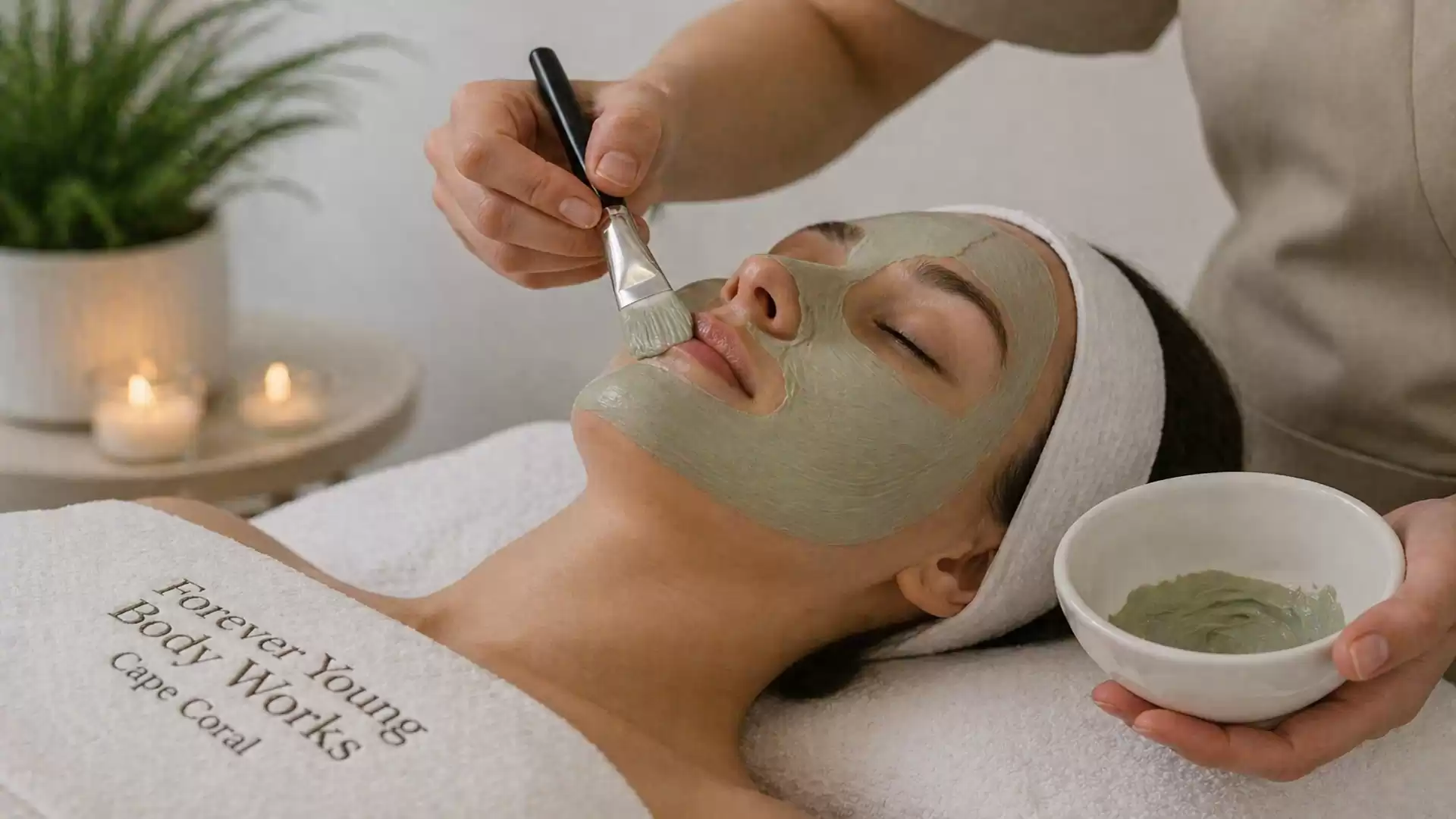 A person is lying in a spa on a towel embroidered with 'Forever Young Body Works' and receiving a green facial mask applied with a brush. Candles and a plant are visible in the background.