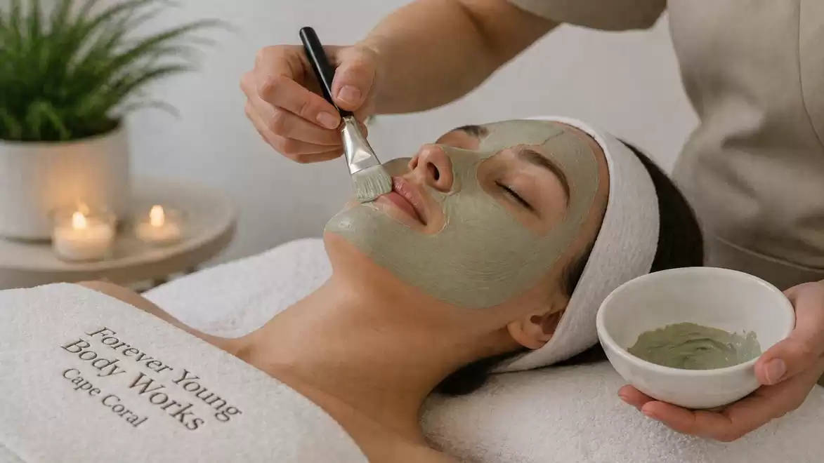 A person is lying in a spa on a towel embroidered with 'Forever Young Body Works' and receiving a green facial mask applied with a brush. Candles and a plant are visible in the background.