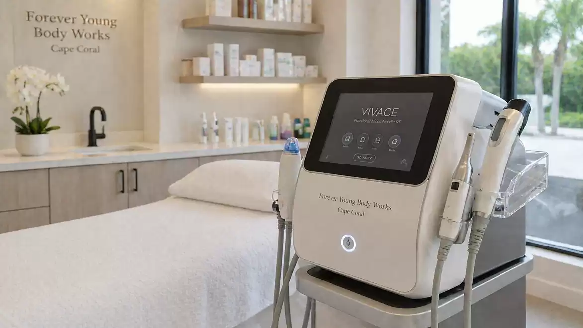 Treatment room with cosmetic device and treatment bed in a modern beauty studio.