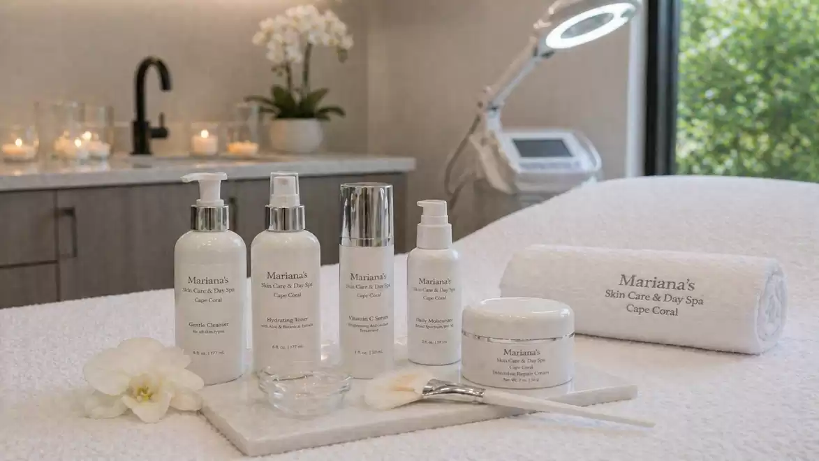 A serene spa room featuring various beauty products and a white orchid on a table. Background includes candles and a large window letting in daylight.