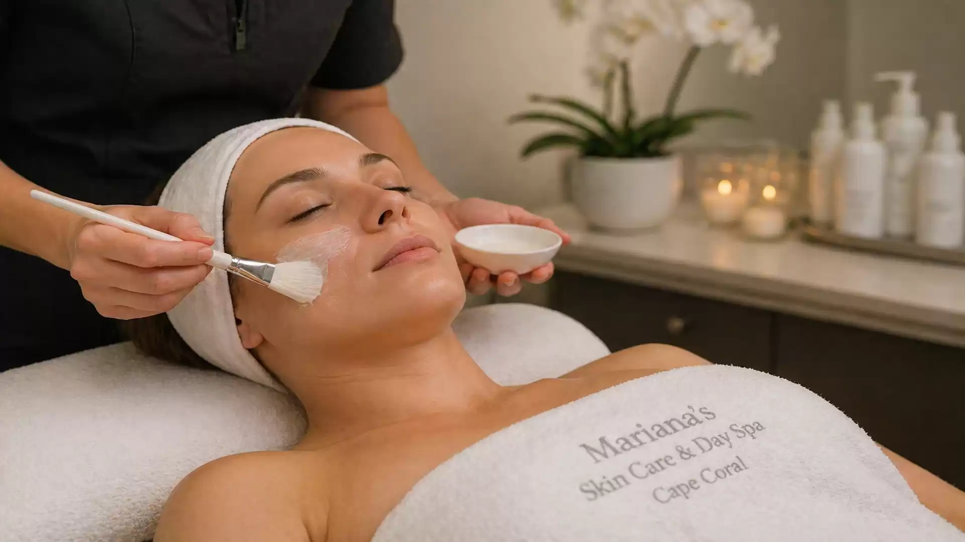 A woman in a spa relaxing on a bed while a beautician applies a facial treatment with a brush. Decorative elements and skincare products are visible in the background.