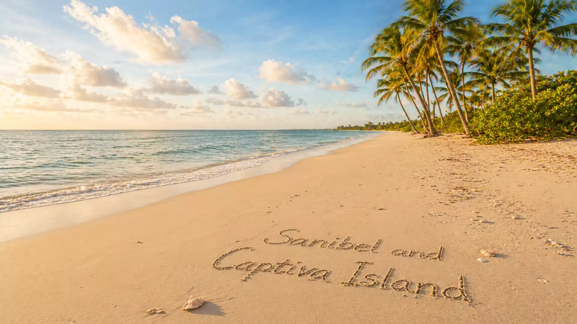 A sunny beach on Sanibel Island with palm trees, blue sky, and writing in the sand.