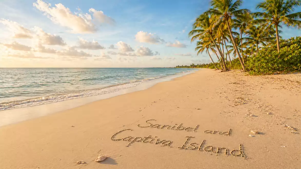 A sunny beach on Sanibel Island with palm trees, blue sky, and writing in the sand.