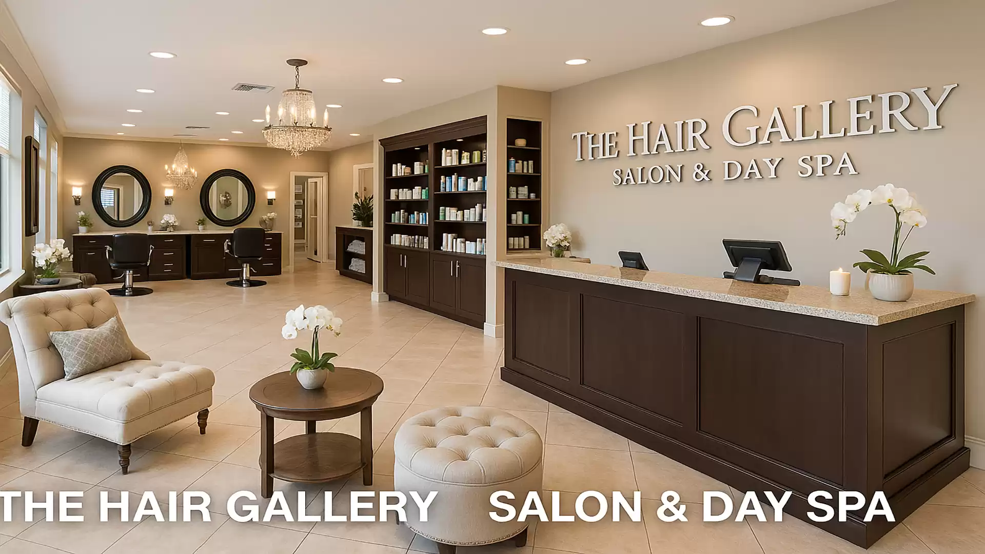 Interior view of a modern salon and day spa with elegant decor, large mirrors, and comfortable seating.