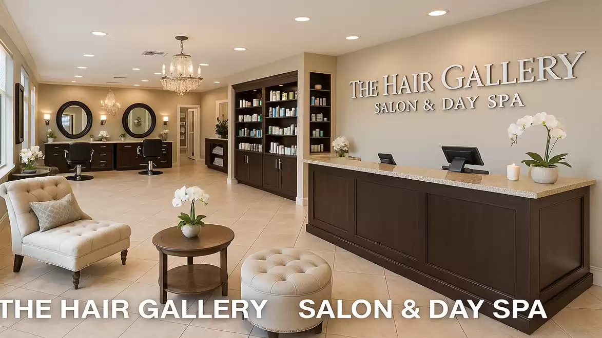 Interior view of a modern salon and day spa with elegant decor, large mirrors, and comfortable seating.