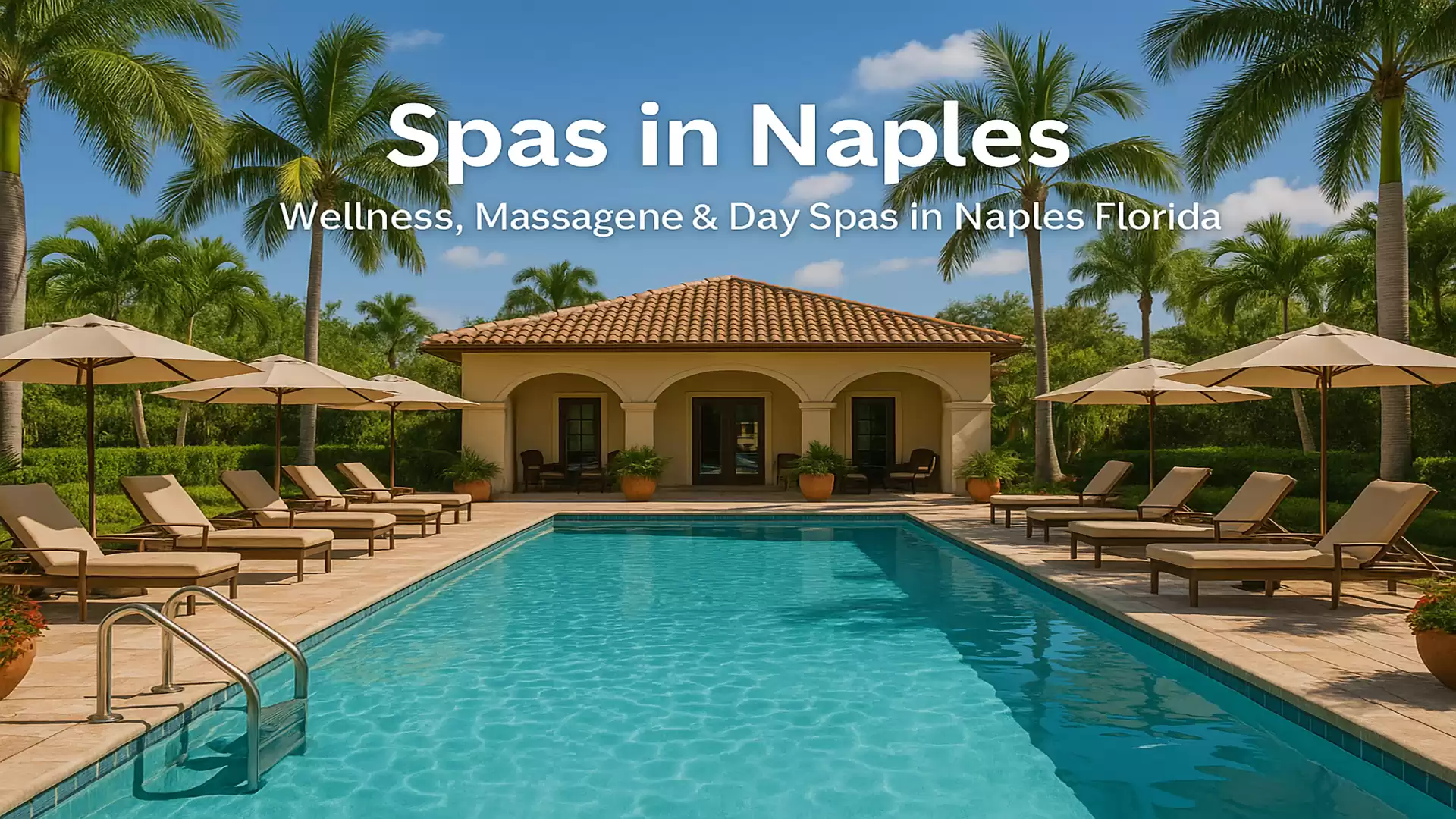 Luxurious spa pool area in Naples, surrounded by sun loungers and umbrellas under palm trees.