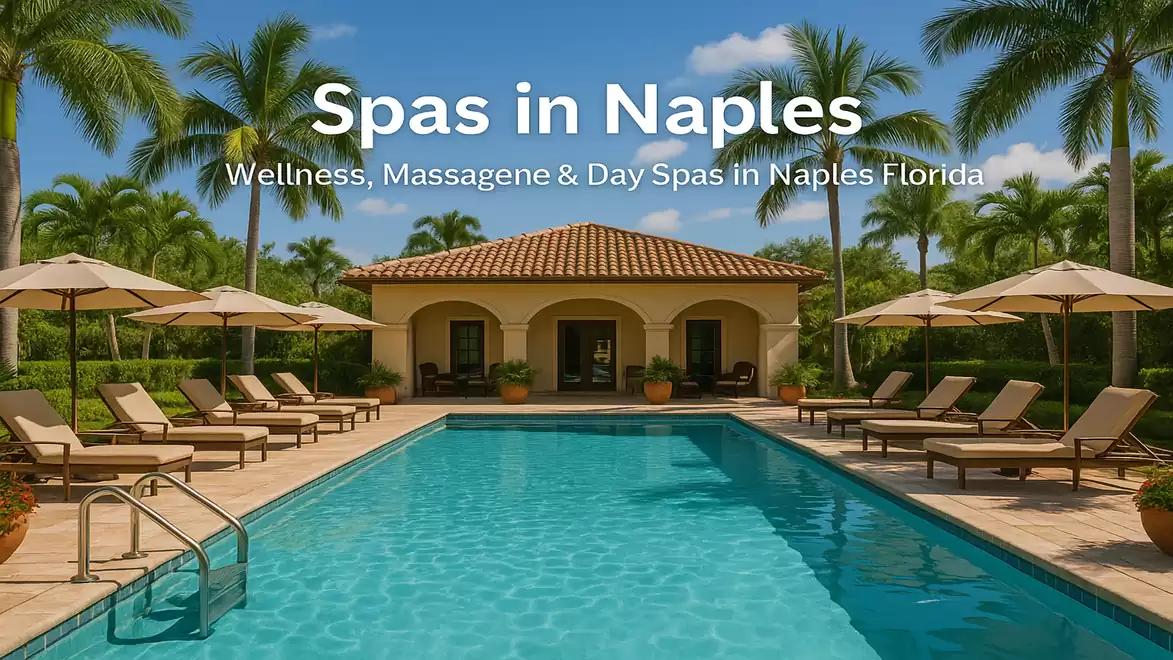 Luxurious spa pool area in Naples, surrounded by sun loungers and umbrellas under palm trees.