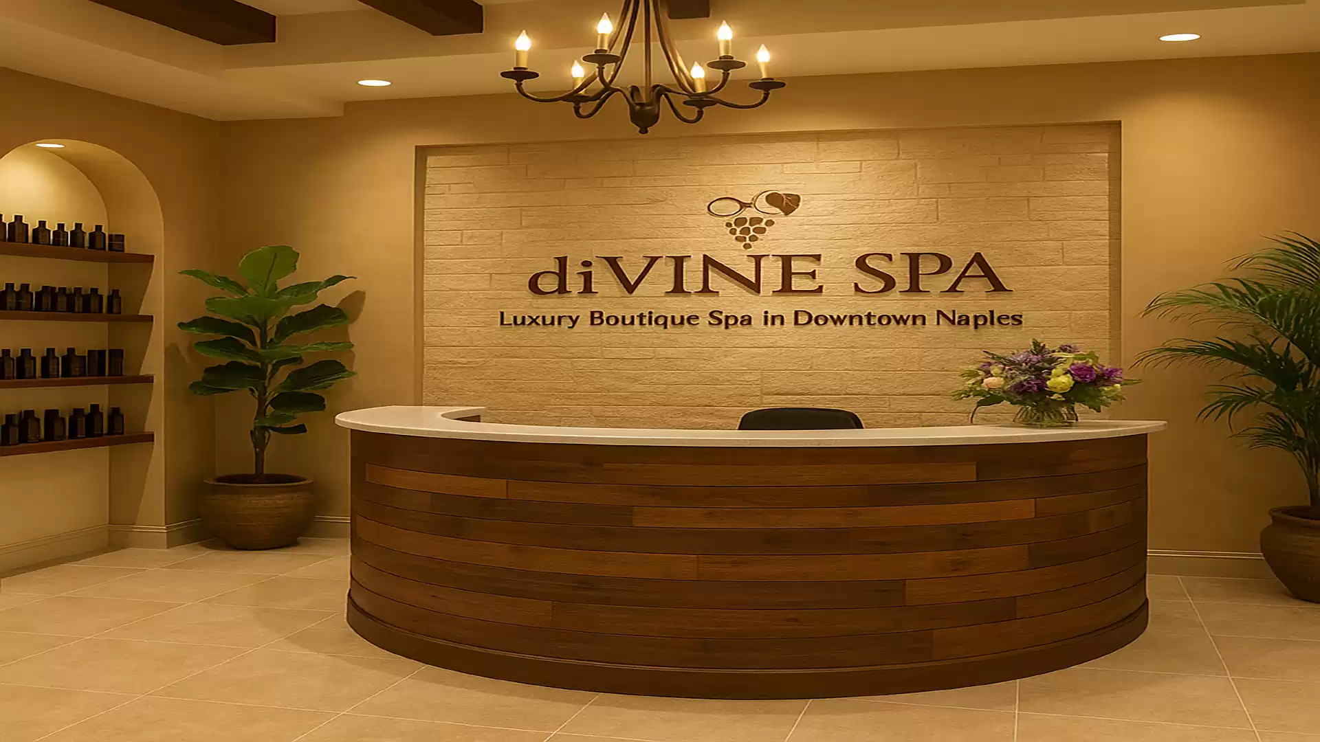 Elegant spa reception area with wooden counter, plants, and subtle lighting.