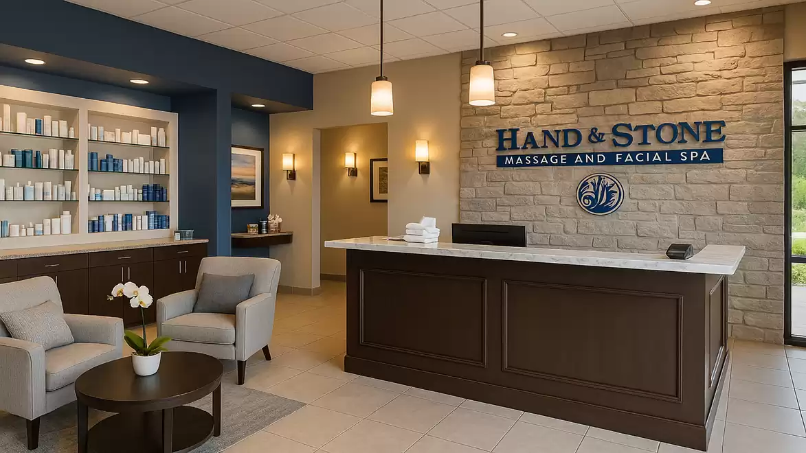 Interior view of a modern spa with a reception area, comfortable chairs, and a wall of skincare products.