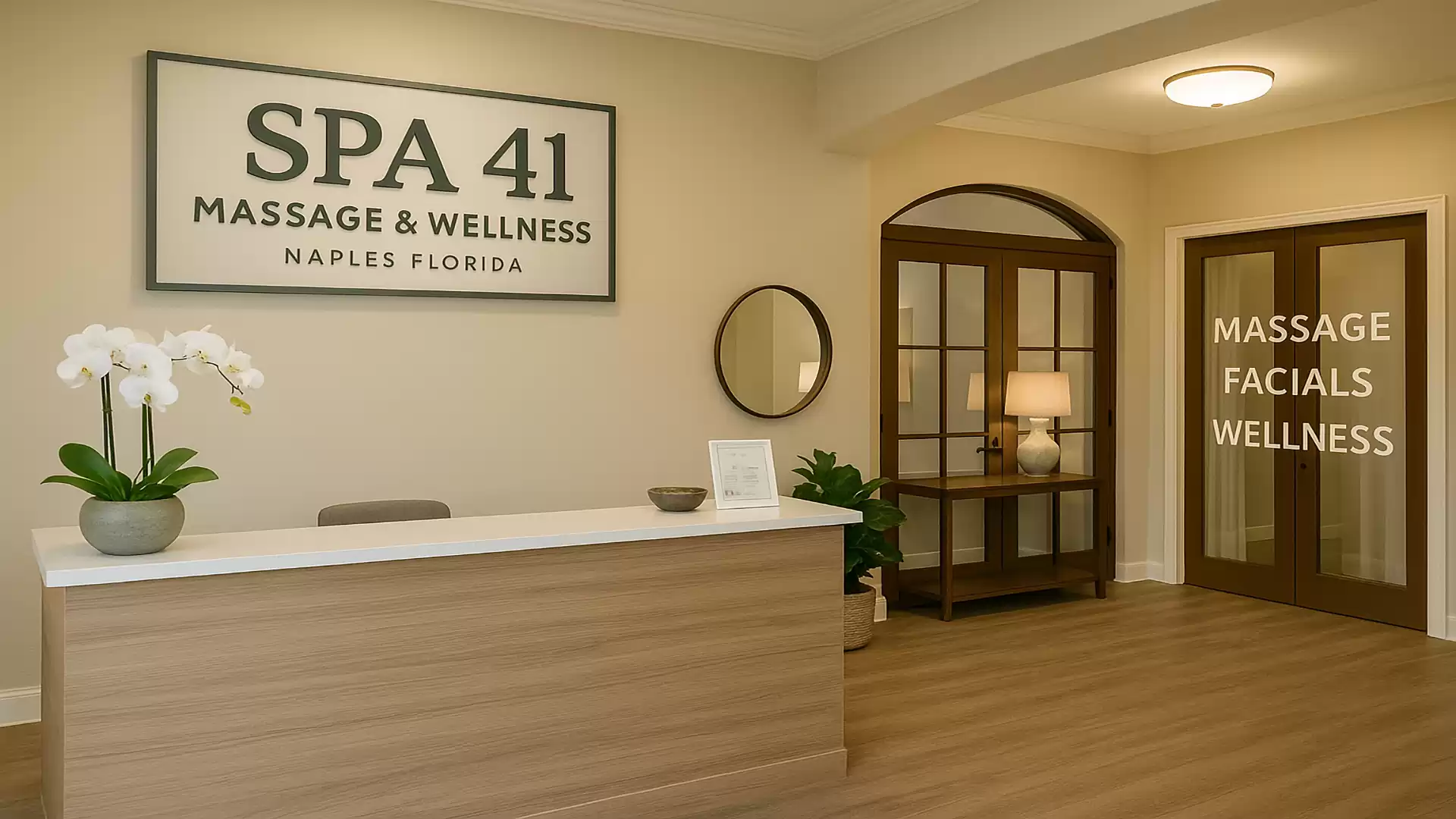 Interior view of a wellness spa with modern design, front desk, orchid, and inviting atmosphere at Spa 41 in Naples, Florida.