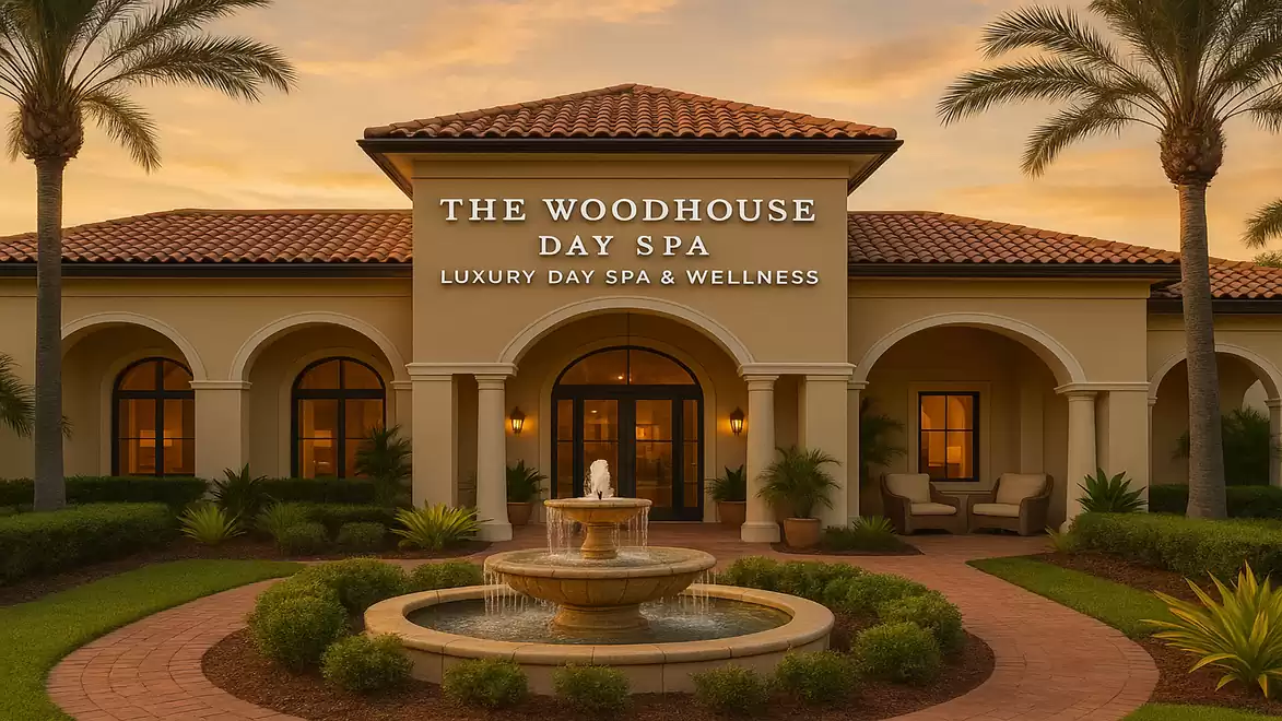 Exterior view of a luxury day spa with palm trees and a fountain in front of an impressive building at sunset.