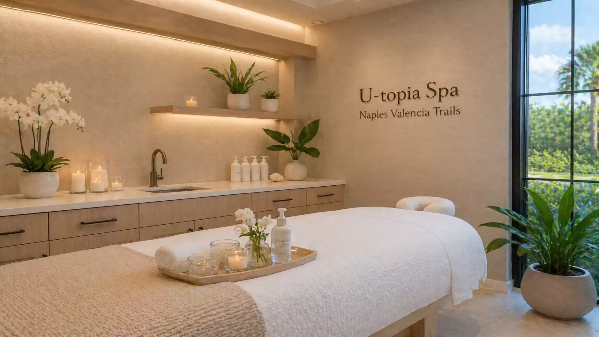An elegant spa featuring a massage table, decorative plants, candles, and a window view, creating a relaxing atmosphere.