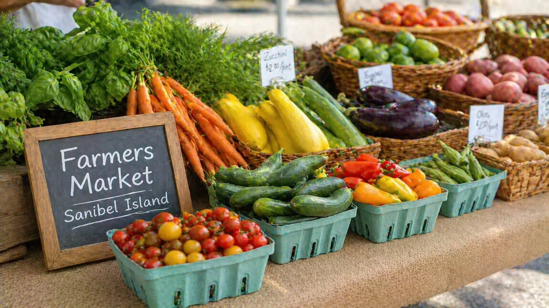 Colorful assortment of fresh vegetables at a farmers market stall, including tomatoes, zucchini, carrots, and peppers, with a chalkboard reading 'Farmers Market Sanibel Island'.