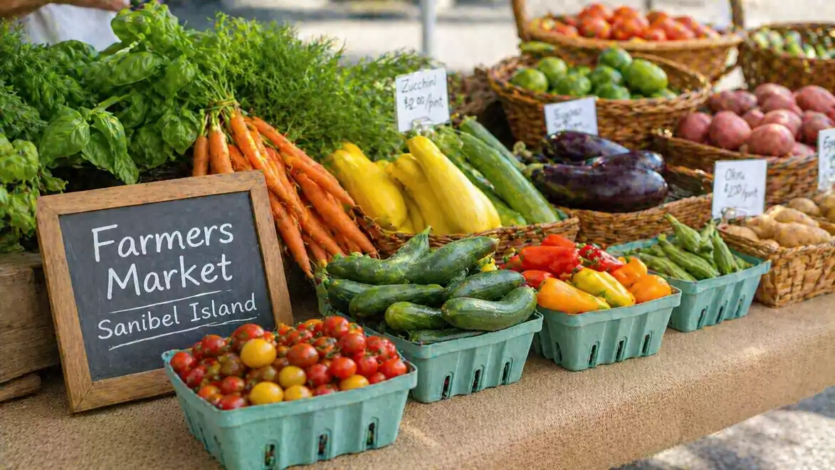 Colorful assortment of fresh vegetables at a farmers market stall, including tomatoes, zucchini, carrots, and peppers, with a chalkboard reading 'Farmers Market Sanibel Island'.