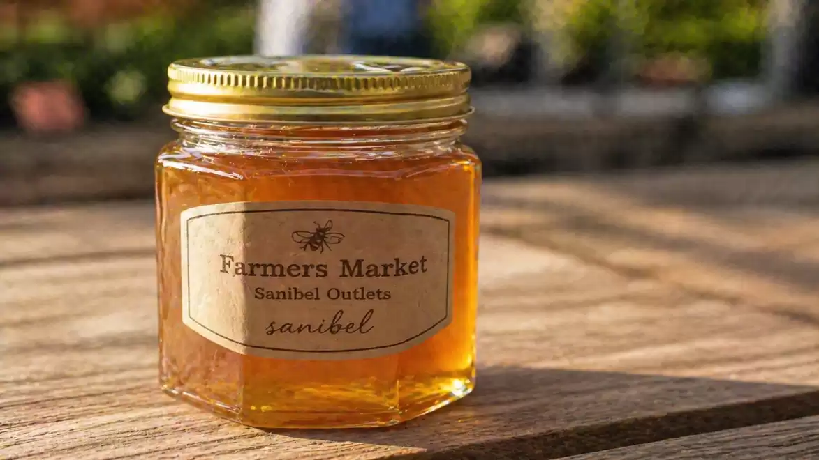 A jar of honey labeled 'Farmers Market Sanibel Outlets sanibel' sits on a wooden table in the sunlight.