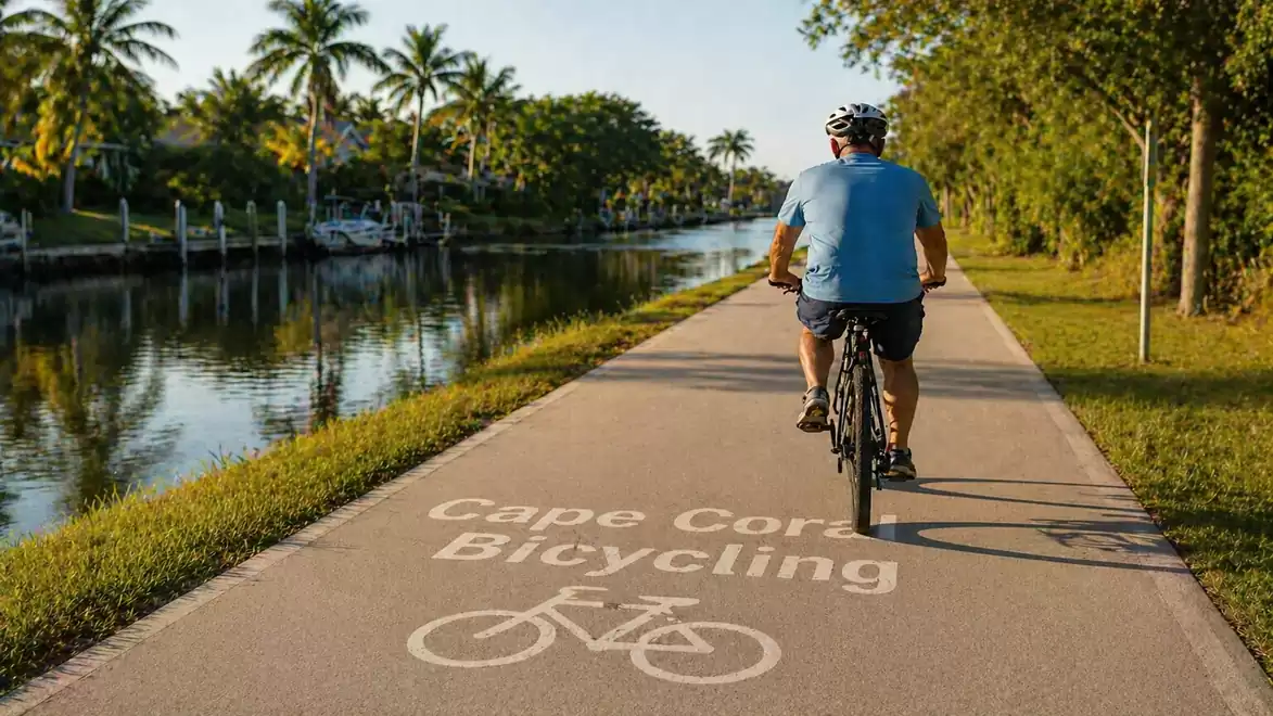A man rides a bicycle on a path alongside a canal in Cape Coral, surrounded by palm trees.