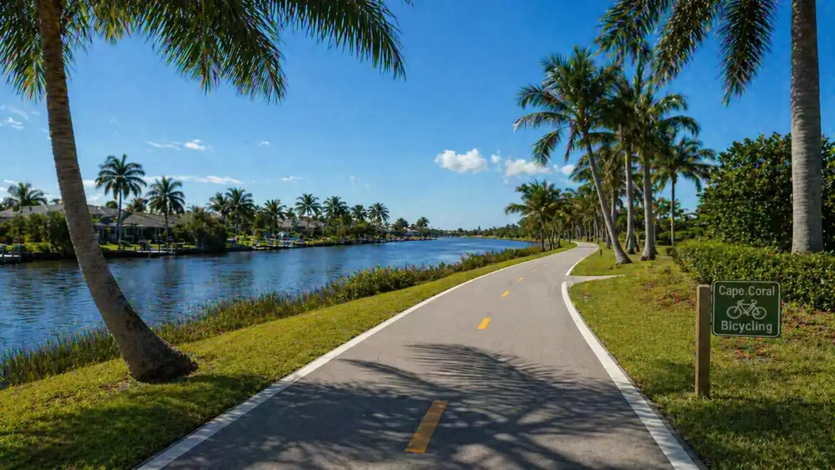 A picturesque biking trail in Cape Coral, lined with palm trees and a tranquil river on a sunny day.