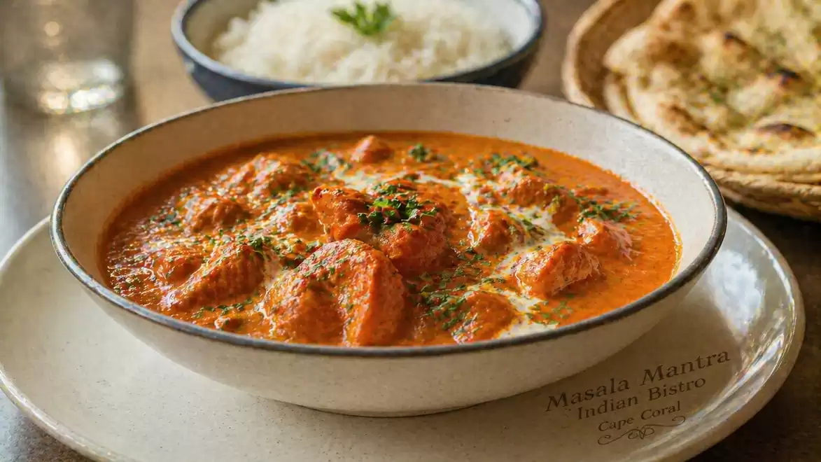Indian butter chicken in a bowl with rice and naan bread in the background.