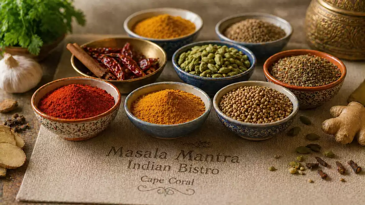 Indian spices in bowls arranged on a table with coriander seeds, cinnamon sticks, garlic, and ginger for decoration.