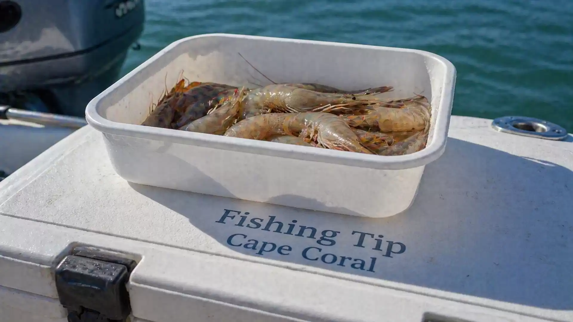 A fishing bait in the form of a plastic container with fresh shrimp sits on a cooler with the inscription 'Fishing Tip Cape Coral' on a boat.
