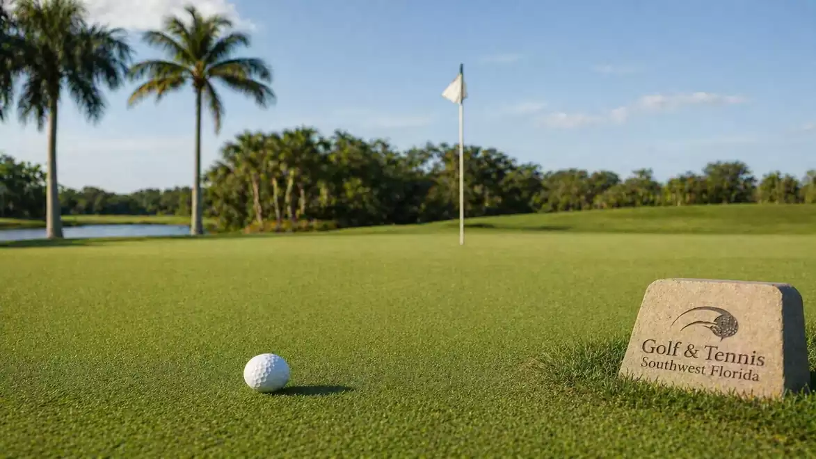 Golf course in Southwest Florida with a golf ball on the green, palm trees in the background, and a sign reading 'Golf & Tennis Southwest Florida'.