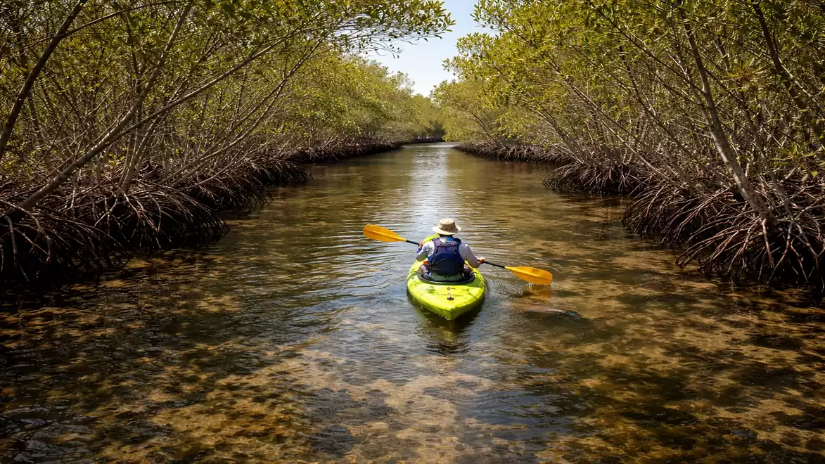 A person paddles a yellow kayak through a narrow channel surrounded by lush greenery and clear water.