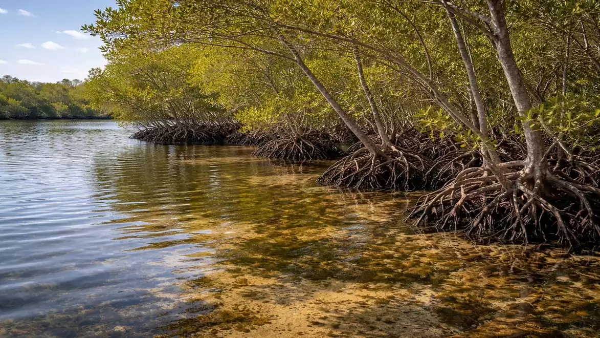 An idyllic mangrove area with lush greenery and calm water.