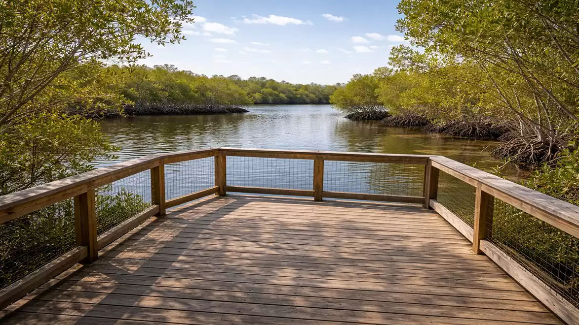 Wooden platform overlooking a calm river, surrounded by dense greenery and blue sky in the background.