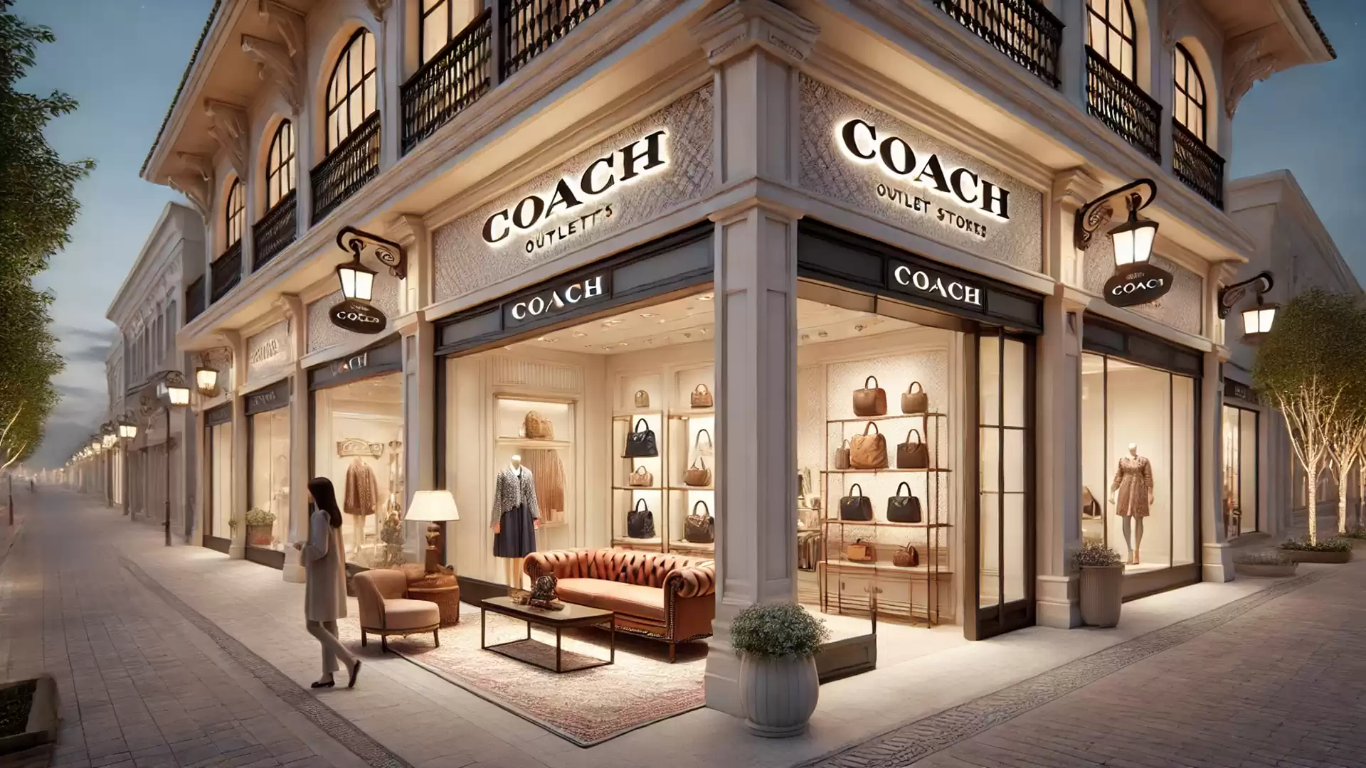 Exclusive Coach outlet store at dusk with window displays and upscale design.