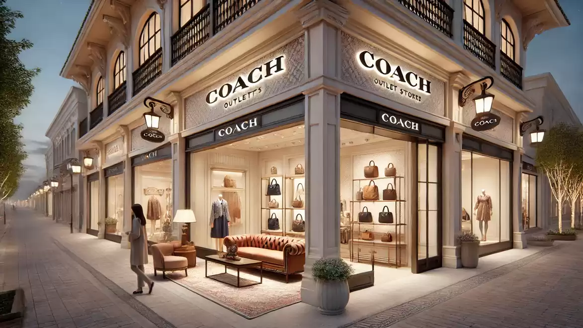 Exclusive Coach outlet store at dusk with window displays and upscale design.