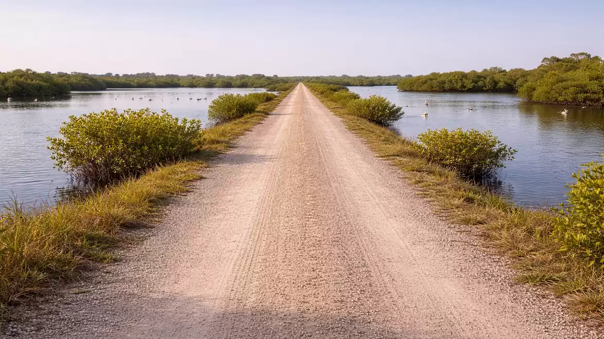 A long, straight gravel path extends through a landscape with lush green bushes and water on both sides under a clear blue sky.