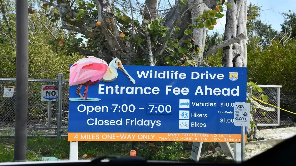 A sign for the Wildlife Drive displaying opening hours from 7:00 to 7:00 and indicating closures on Fridays, with entrance fees for vehicles, hikers, and bikes.