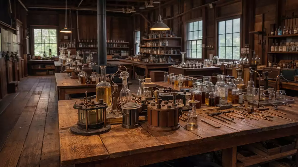 Historic laboratory with wooden work tables, filled with glass bottles and alchemical equipment in a rustic room with wooden floors.