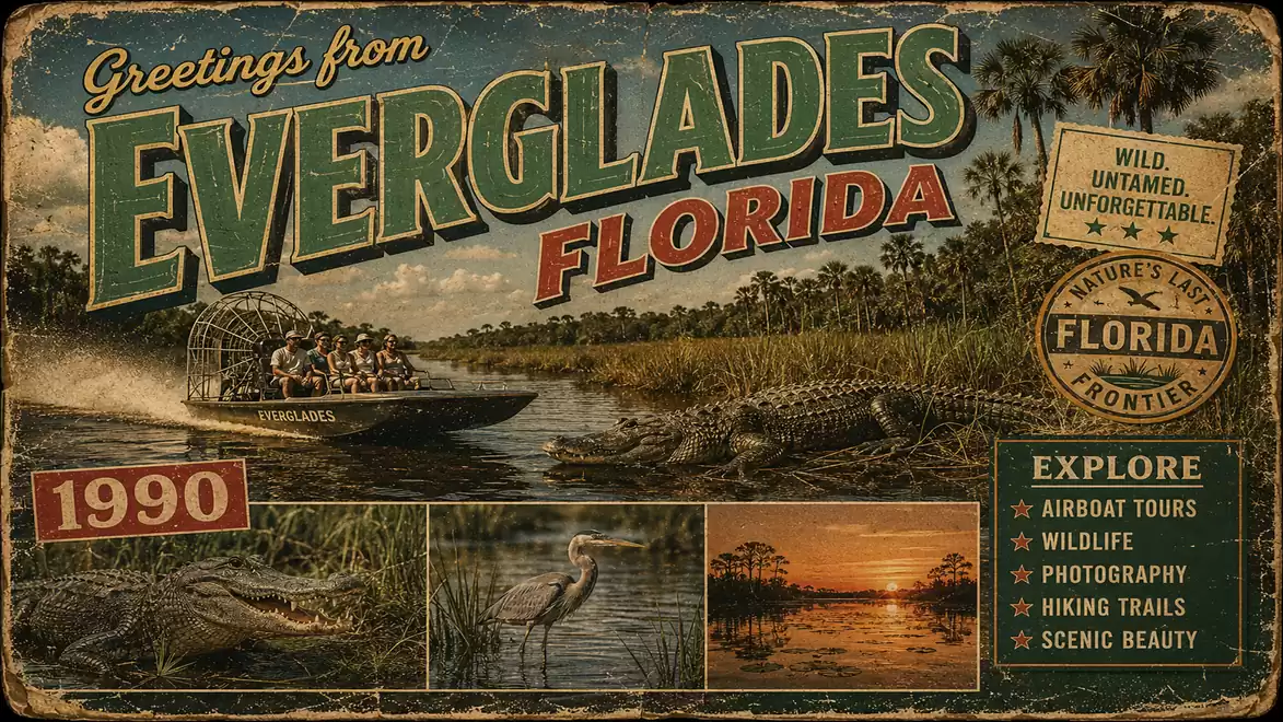 Vintage postcard with the text 'Greetings from Everglades Florida', featuring a swamp boat, alligators, and a swamp landscape.