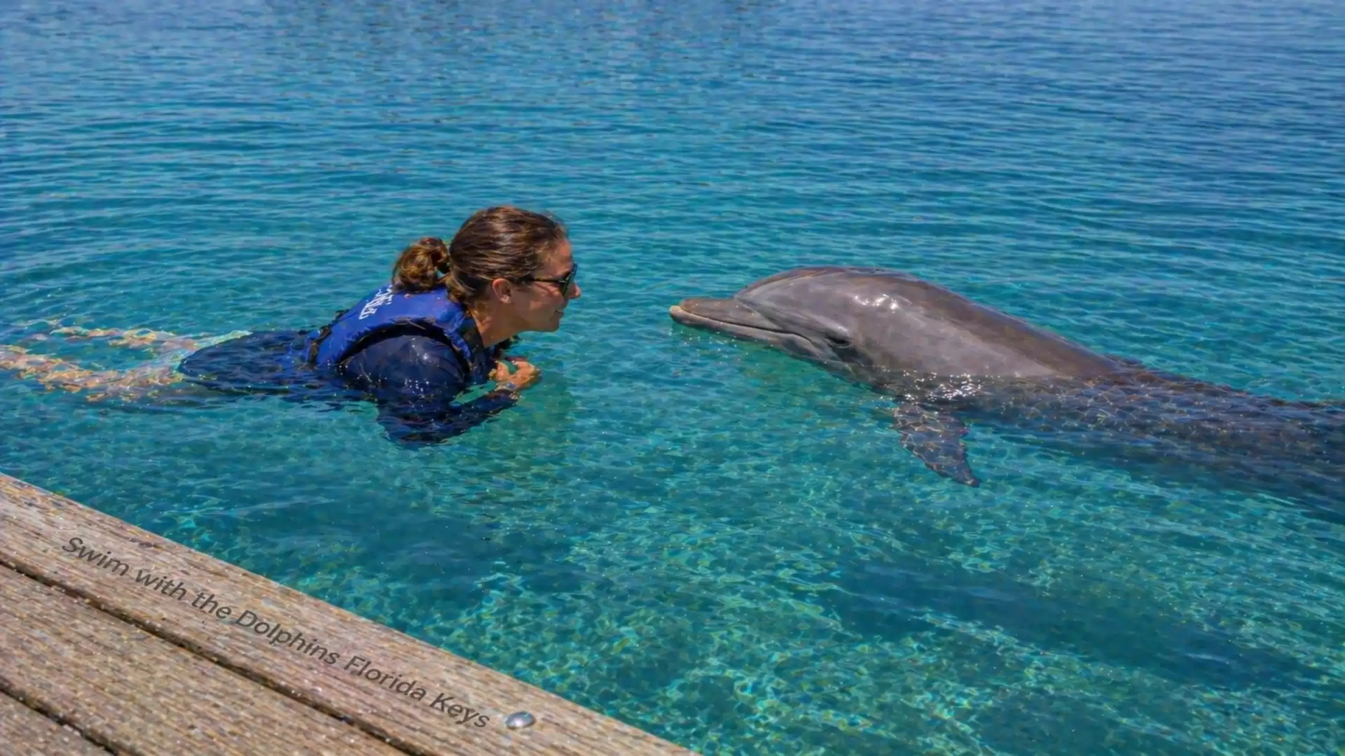 A woman swimming in clear blue water interacting with a dolphin.