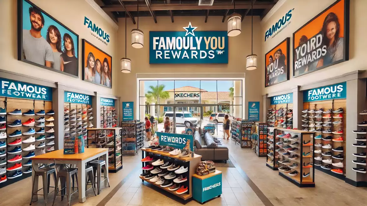 Interior view of a famous shoe store with modern displays, large advertisements, and a variety of shoes.