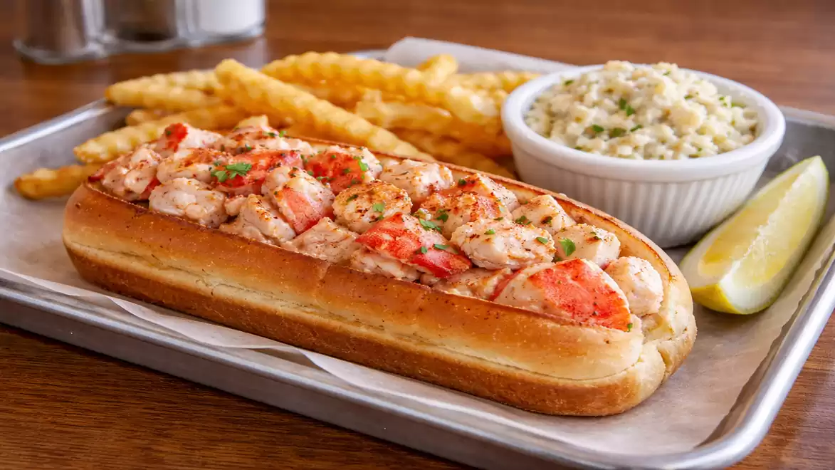 A lobster roll served with French fries and coleslaw on a tray.