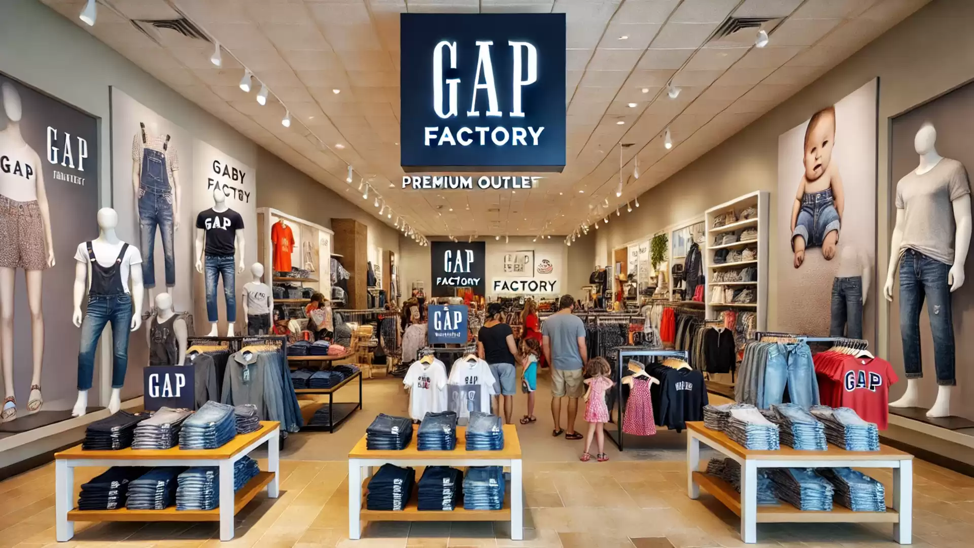Interior view of a GAP Factory Outlet store with clothing on tables and people shopping inside.