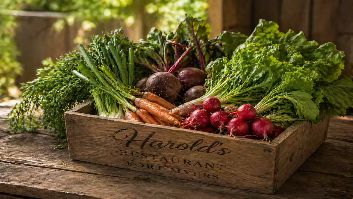 Fresh vegetables in a wooden box on a table, including carrots, radishes, beets, and lettuce leaves.