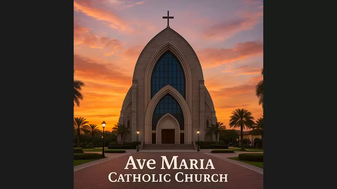 The facade of a Catholic church at sunset, surrounded by palm trees under a dramatic sky.