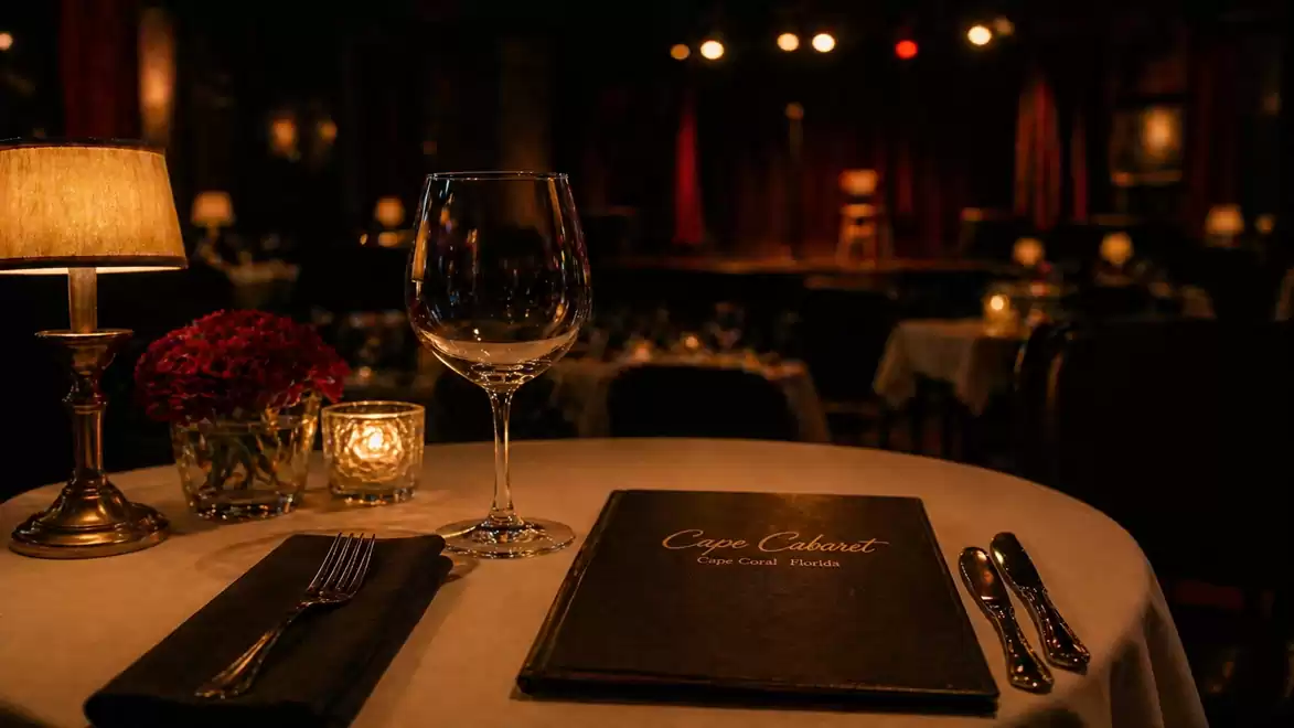 Elegant restaurant with table decorations, wine glass, and menus in the foreground. Stage with ambient lighting in the background.