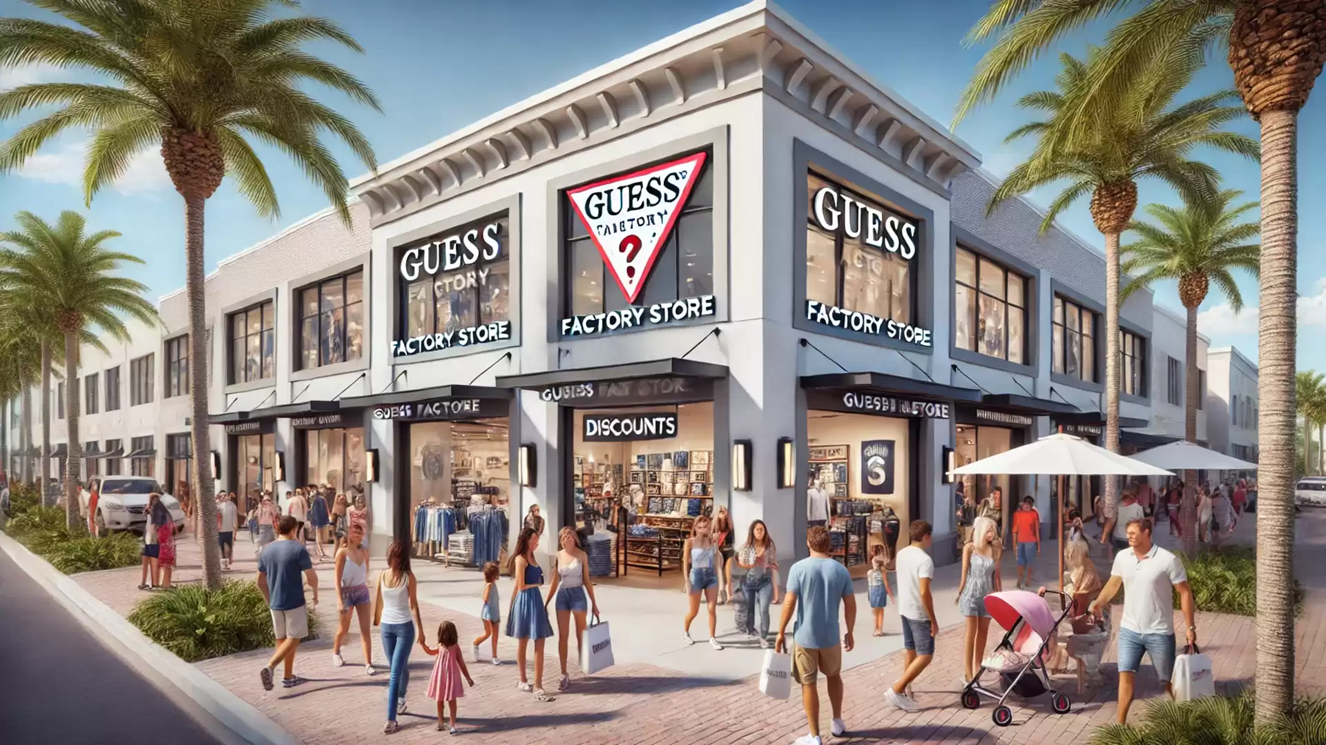 A shopping center in sunny weather with palm decorations and a prominent GUESS Factory Store at the center.
