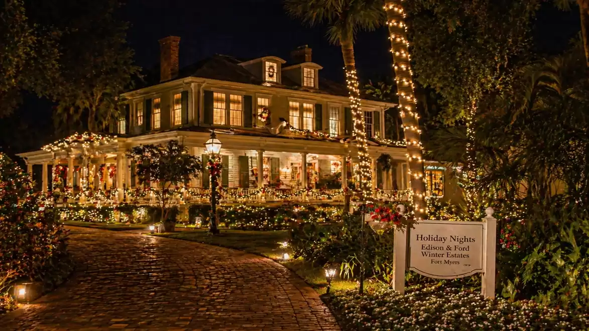 Lit historic house at night with lush garden landscape and decorative lights on a cobblestone path.