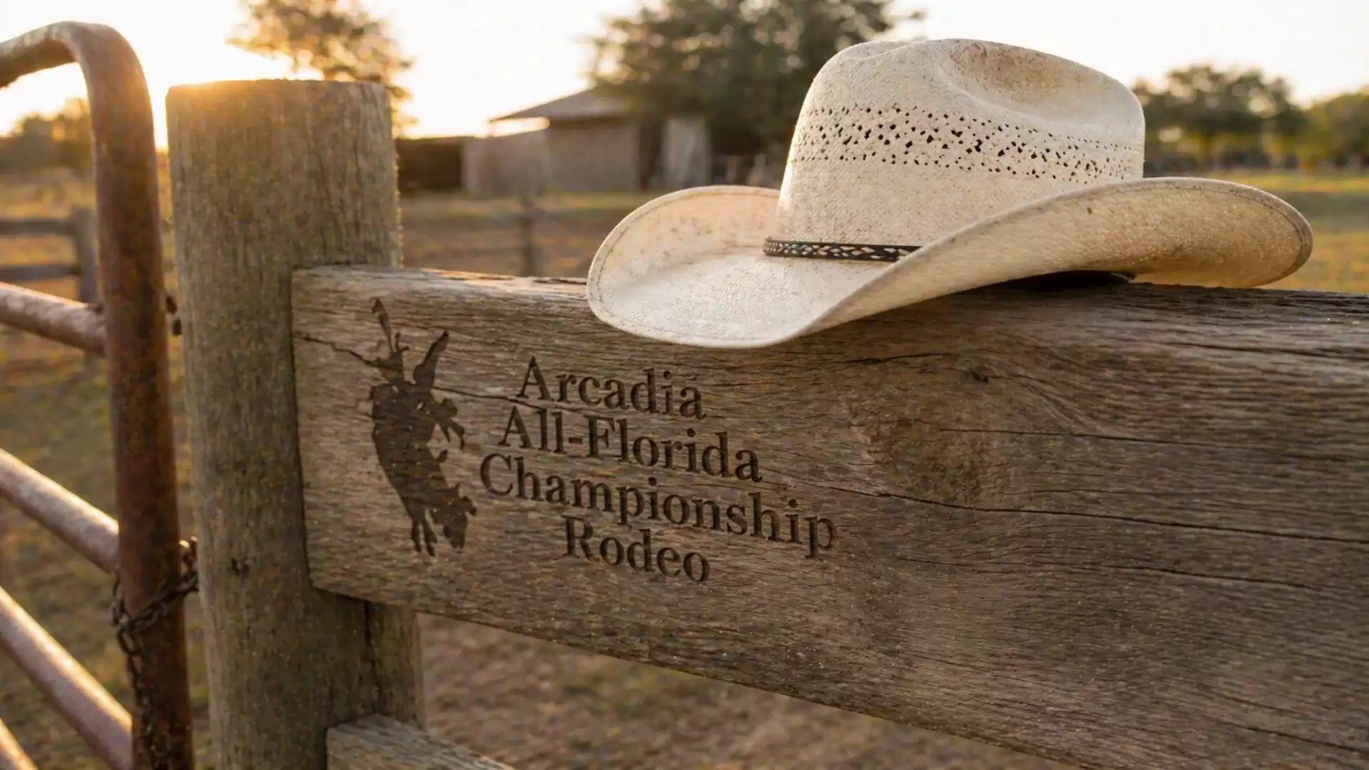 A cowboy hat rests on a wooden fence with the inscription 'Arcadia All-Florida Championship Rodeo'. In the background, a farmhouse and trees are visible at sunset.