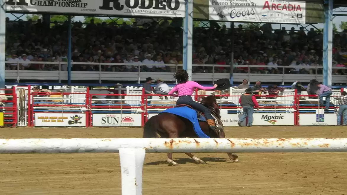Person in a pink jacket riding a horse at a rodeo in front of a full grandstand.
